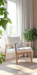 Modern Farmhouse Interior Design with Wooden Chair, Green Plants by the Window