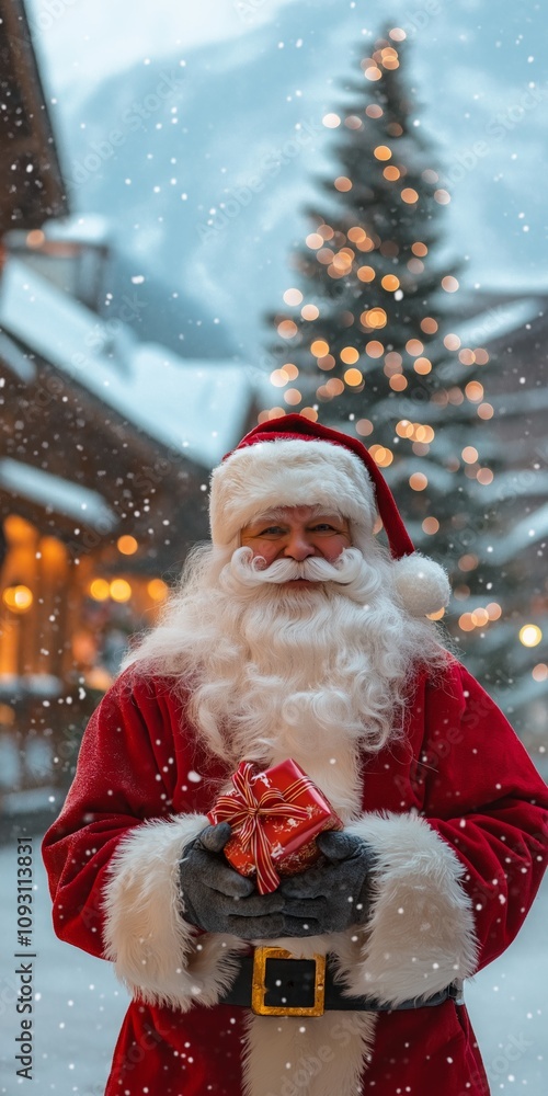 Poster a man dressed as santa claus is holding a red present. he is smiling and standing in front of a chri