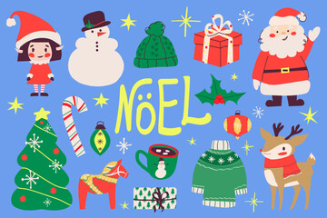 Bright Christmas collection. Snowman, gift, deer, Santa Claus, elf and other New Year's elements for your festive design.X-Mas items. 