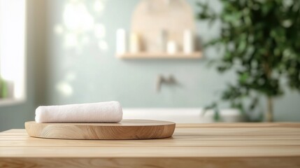 White rolled towel on a wooden tray in a modern spa-like bathroom interior with a serene atmosphere