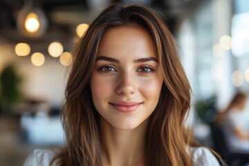 Obraz premium Close-up headshot Confident European young woman, good looking teenager, middle aged leader, businesswoman, CEO on blurred office background. Beautiful young European businesswoman smiles at thecamera