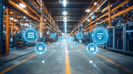 Factory floor with interconnected devices illustrating advanced connectivity 
