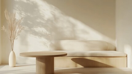 Fototapeta premium Modern Scandinavian Interior with Wooden Table, Beige Sofa, and Natural Wood Elements
