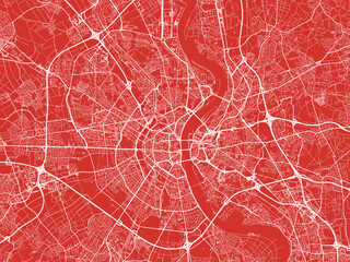 Christmas Map of Koln Metropole, Germany in Snowy White on Festive Red Background.