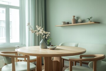 Modern Scandinavian Living and Dining Room with Wooden Furniture and Green Accents