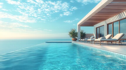 Fototapeta premium Elegant outdoor pool design, clean lines and minimalist features, sun loungers positioned under a sleek pergola, clear blue water glistening in sunlight, tranquil atmosphere, photorealistic details,