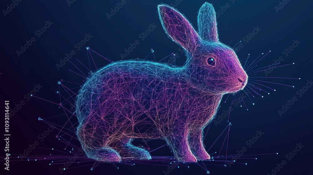 Poster futuristic digital rabbit in neon wireframe design with abstract lines and points, perfect for techn