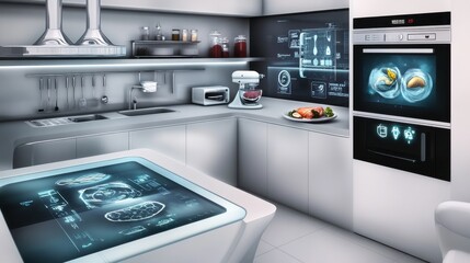 Modern High-Tech Kitchen with Interactive Digital Surfaces and Smart Appliances for Seamless Cooking Experience and Culinary Innovation