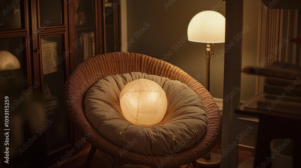 Poster cozy interior scene featuring a soft glow from a unique sphere lamp positioned in a comfortable chai