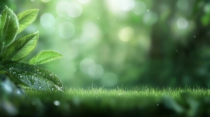 Naklejka premium Lush Green Leaves with Water Drops Glimmering in Natural Light, Fresh Grass in Soft Focus, Creating a Peaceful and Inviting Outdoor Atmosphere