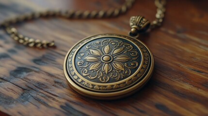 A beautifully intricate vintage locket with ornate floral engravings lies on a rustic wooden surface, evoking a sense of timeless elegance and romantic nostalgia