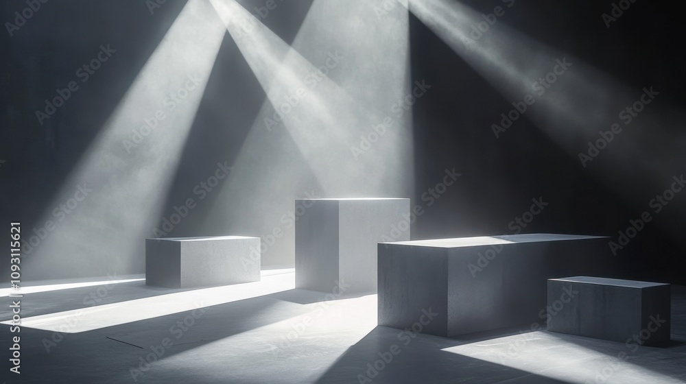 Poster a serene and minimalist interior space featuring geometric shapes illuminated by soft beams of light