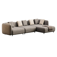 Obraz premium A gray sectional sofa with pillows and a blanket on it