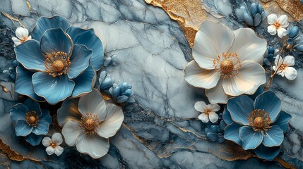 A decorative arrangement of blue and white flowers on a textured marble background.