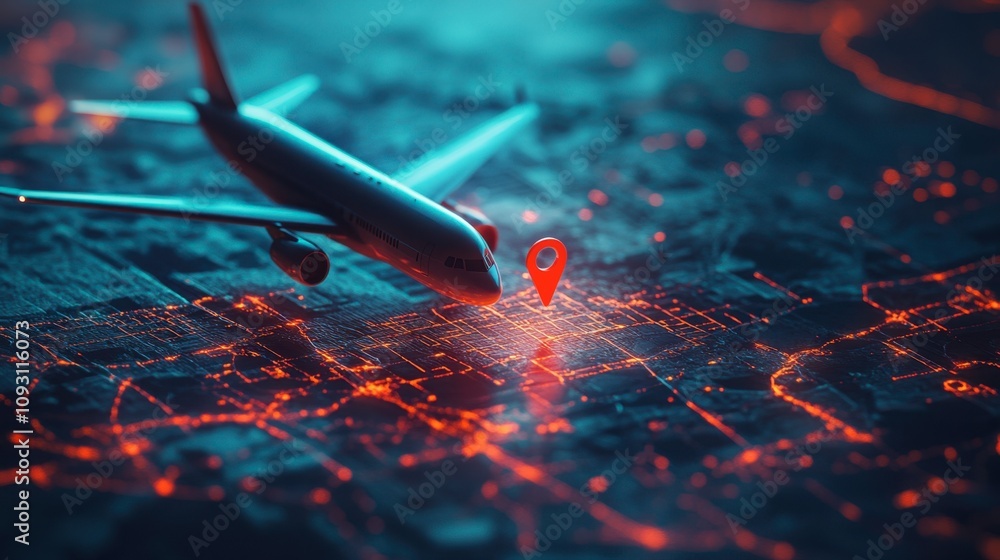 Poster aerial view of airplane flying over city map with navigation pin highlighting location in neon urban