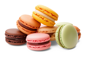 Colorful macarons stacked together, featuring vibrant flavors like chocolate, vanilla, pistachio, and strawberry on a transparent background