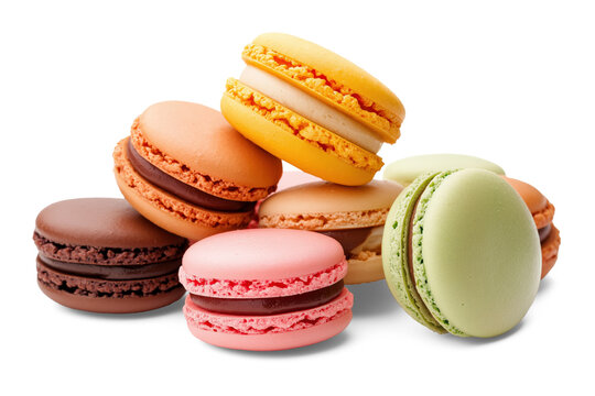 Colorful macarons stacked together, featuring vibrant flavors like chocolate, vanilla, pistachio, and strawberry on a transparent background