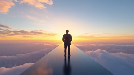 Obraz premium A silhouette of a man stands on a reflective path above the clouds, gazing at a stunning sunrise, symbolizing ambition and limitless possibilities.
