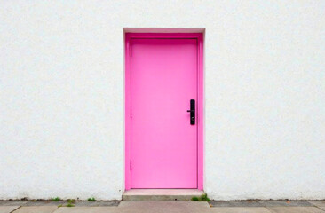 A vibrant pink door on a plain white building adds a bold touch to the urban landscape in daylight