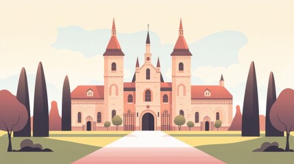 Fototapeta premium Beautiful Fairy Tale Castle with Tall Towers and Lush Green Landscape Surrounded by Trees, Representing Fantasy and Architectural Splendor in Soft Pastel Colors