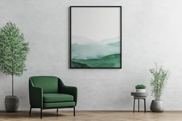 Coastal Living Room Interior with Mockup Frame and Green Armchair