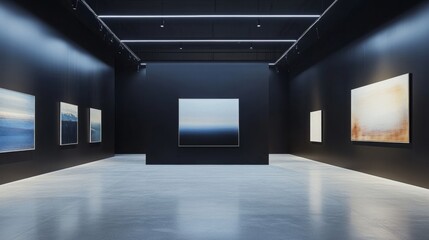 A contemporary gallery featuring a smooth, empty black wall with directional overhead lights creating a focused display area