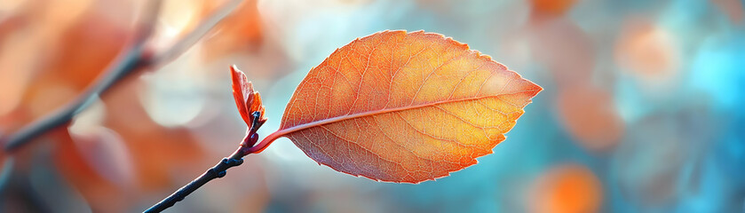 Obraz premium Photo Autumn Leaf Veins Nature Orange Blue Background Macro