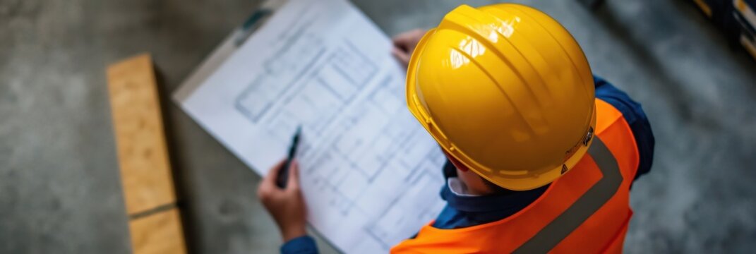 A construction worker in a hard hat examines blueprints on a site, signifying careful planning and attention to detail in building projects that ensure safety and quality.