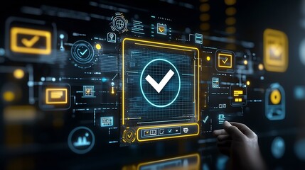 Glowing digital interface with a large checkmark icon in the middle held by a human hand surrounded by various task and certification icons in vibrant blue and yellow colors on a black backdrop