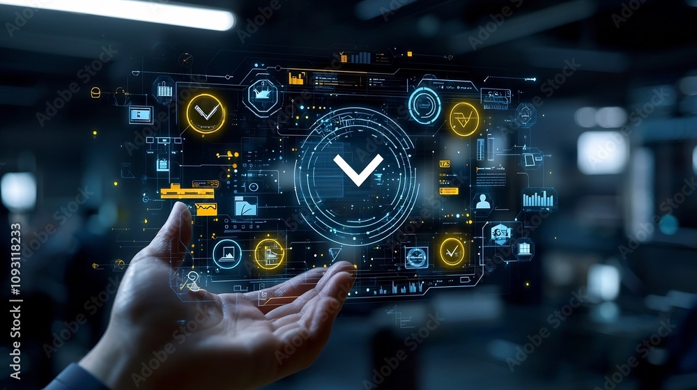 Poster a hand holding a glowing digital interface with a prominent checkmark icon at the center surrounded 