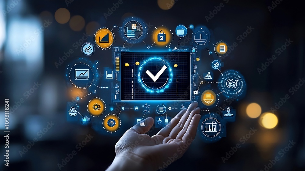 Aufkleber glowing digital interface with a prominent checkmark icon at the center surrounded by blue and yello