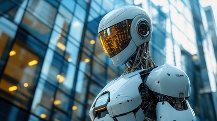 Fototapeta premium Humanoid robot stands in reflective urban setting among modern glass skyscrapers in a bustling city center