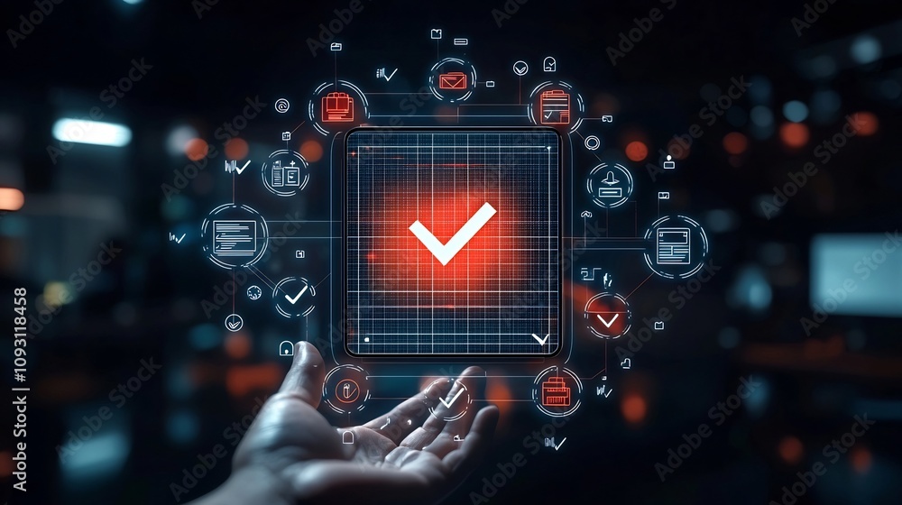Poster Vibrant and Glowing Digital Interface Displaying a Prominent Checkmark Symbol Surrounded by Icons Representing Completed Tasks and Successful Achievements Held by a Hand on a Dark Background