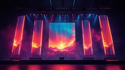Fototapeta premium Dramatic Stage with Colorful Lighting and Background Display Creating an Engaging Atmosphere for Concert or Event Performance