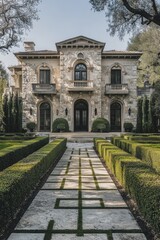 Luxurious Villa Adorned With Classic Architecture and Lush Greenery in a Serene Garden Setting During the Golden Hour