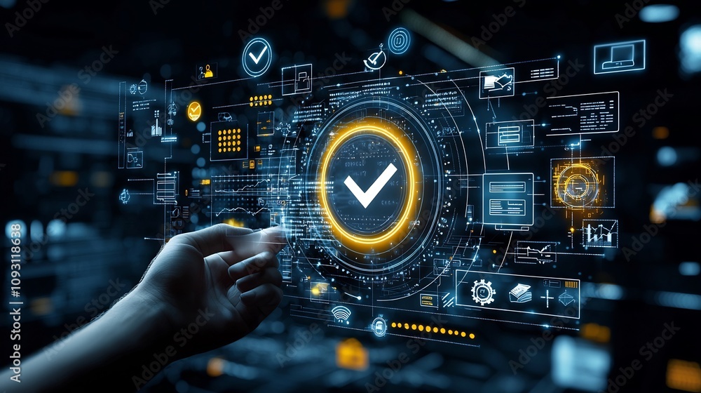 Poster High Tech Glowing Interface with Checkmark Icon Held by Hand Surrounded by Certification and Icons on a Dark Background with Blue and Yellow Accents