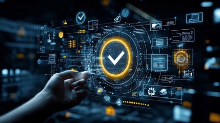 High Tech Glowing Interface with Checkmark Icon Held by Hand Surrounded by Certification and Icons on a Dark Background with Blue and Yellow Accents