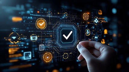 Glowing futuristic high tech digital interface with checkmark icon held by a hand surrounded by certification and symbols against a dark background with blue and yellow accents