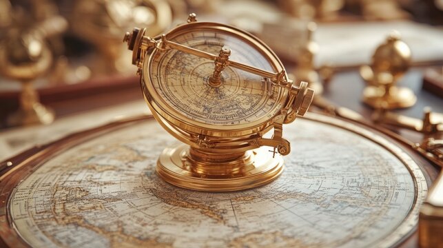 A beautifully crafted antique brass armillary sphere positioned elegantly atop a detailed world map, capturing the essence of exploration and discovery