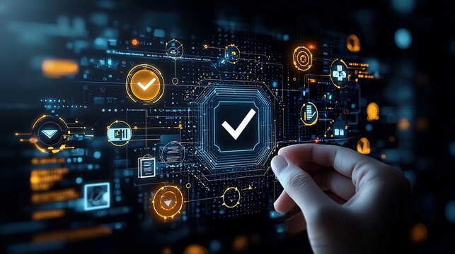 Glowing futuristic high tech digital interface with checkmark icon held by a hand surrounded by certification and symbols against a dark background with blue and yellow accents