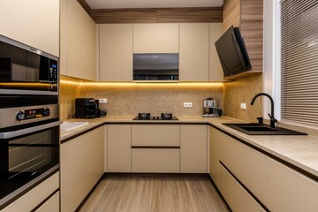 Fototapeta premium Luxurious Modern Kitchen with Beige Cabinets and High-end Appliances