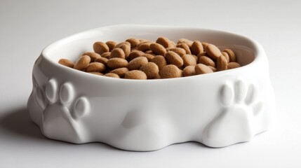 White Pet Food Bowl Filled with Brown Kibble on a Neutral Background, Perfect for Animal Care and Pet Nutrition Concepts