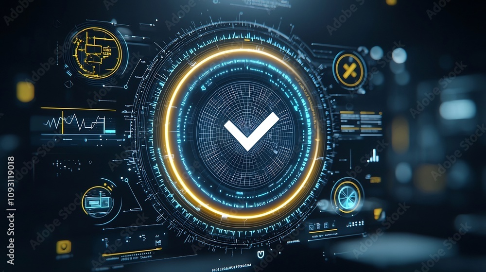 Poster Futuristic hand held interface device glowing with a central checkmark icon surrounded by and task related icons in a blue and yellow color scheme on a black background  Represents modern technology