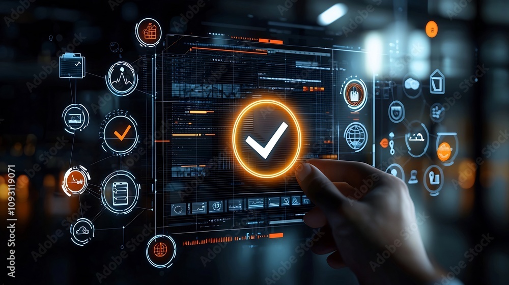 Poster Vibrant glowing digital interface with checkmark icon held in hand surrounded by and symbols on a modern dark background representing innovation technology and successful digital solutions