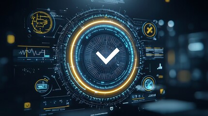Futuristic hand held interface device glowing with a central checkmark icon surrounded by and task related icons in a blue and yellow color scheme on a black background  Represents modern technology