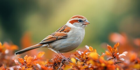 A vibrant sparrow perched gracefully on a branch, surrounded by lush, colorful autumn foliage, capturing the essence of nature's seasonal beauty