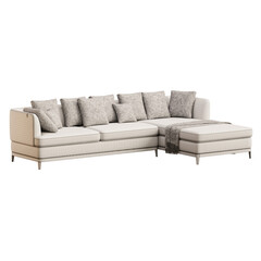 A white sectional sofa with pillows and a footstool