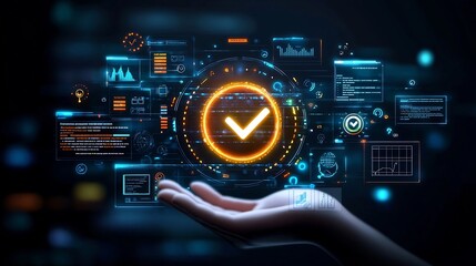 Glowing digital checkmark icon at the center of an interface held by a human hand and surrounded by various certification approval and success related symbols and icons against a vibrant
