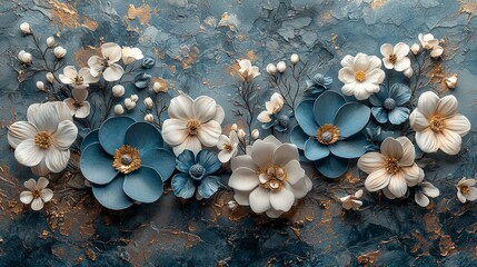 A decorative arrangement of blue and white flowers set against a textured background.
