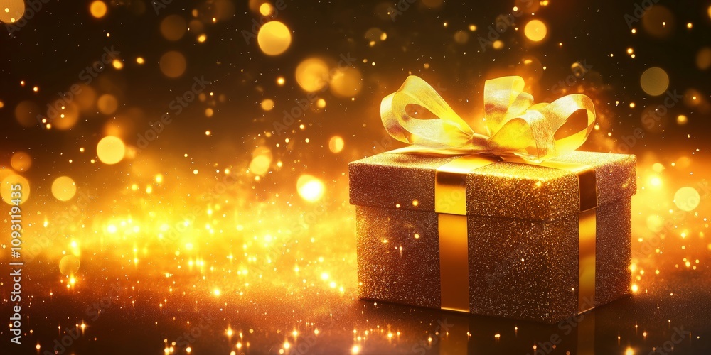 Poster a gold box with a bow on top of it. the box is on a dark background with a lot of sparkles